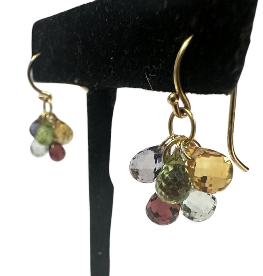 Tiffany&Co 18k Briolette Earrings Multi-Color Faceted Gems Yellow Gold with Box